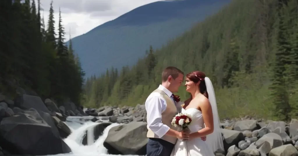 Bride and groom posing for a photo in the Kootenays