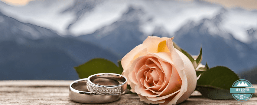 NDL - Wedding rings and roses with mountain background